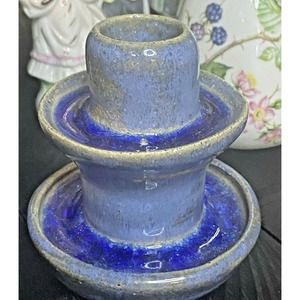 Salt Glaze Art Pottery BLUE Candle Holder for Pillar Candle- 4.5" tall